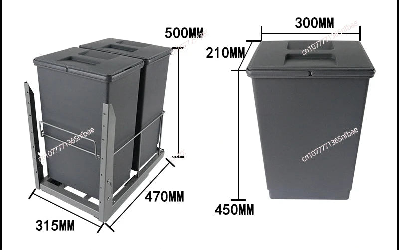 Gray trash bin with dimensions and specifications on a white background