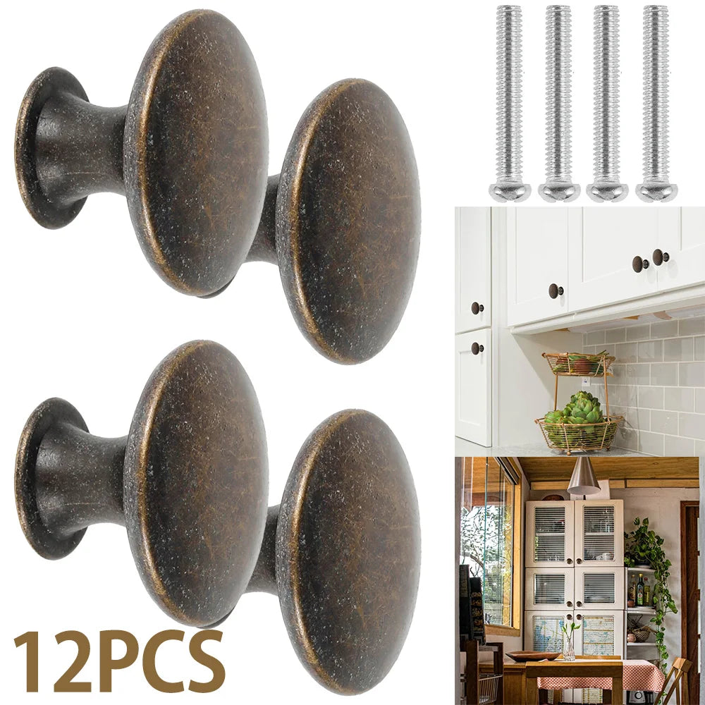 12Pcs Vintage Cabinet Knobs Antique Drawer Closet Knobs Bronze Round Single Hole Kitchen Cabinet Pull Handle Knobs Home Decor