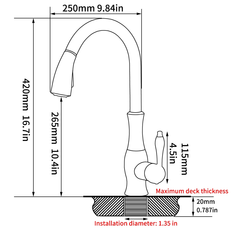 Measurement diagram of a kitchen faucet with dimensions labeled.