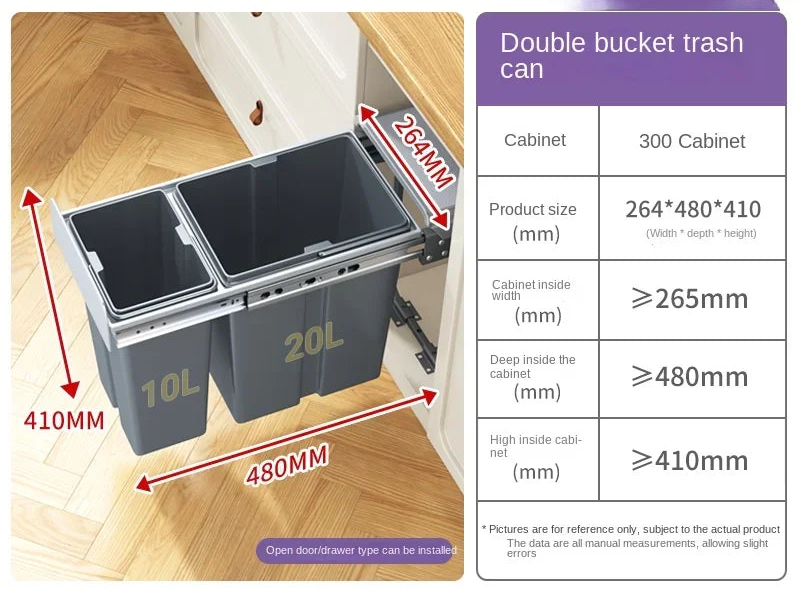 A promotional product graphic for a double bucket trash can mounted under a cabinet. The left side shows the dark gray bins installed in a cabinet with arrows and measurements for depth, width, and height.