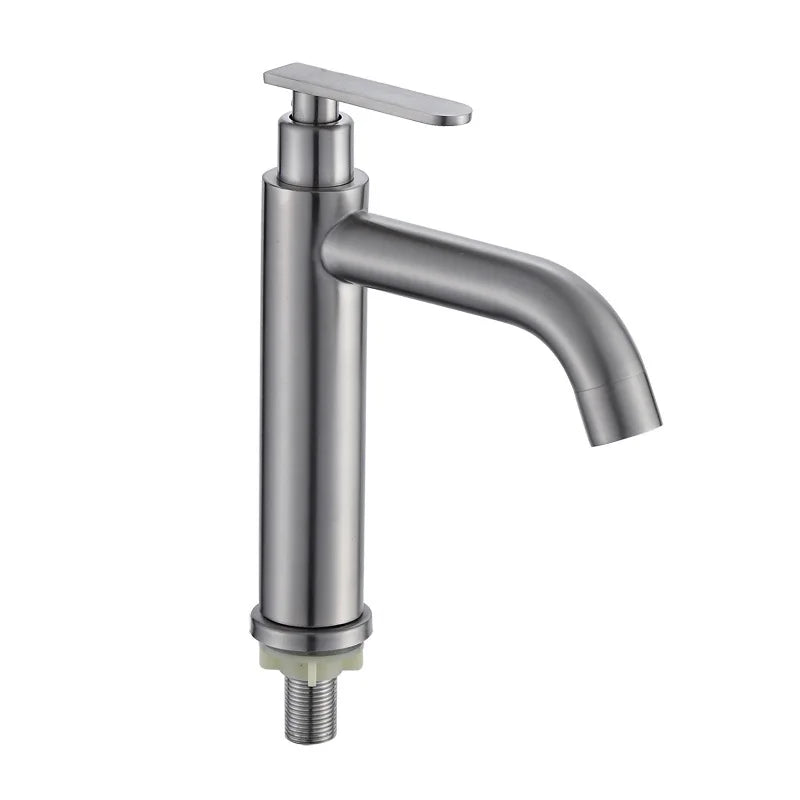 A modern single-handle bathroom faucet with a brushed metallic finish, featuring a curved spout and a flat lever handle, shown against a plain white background.