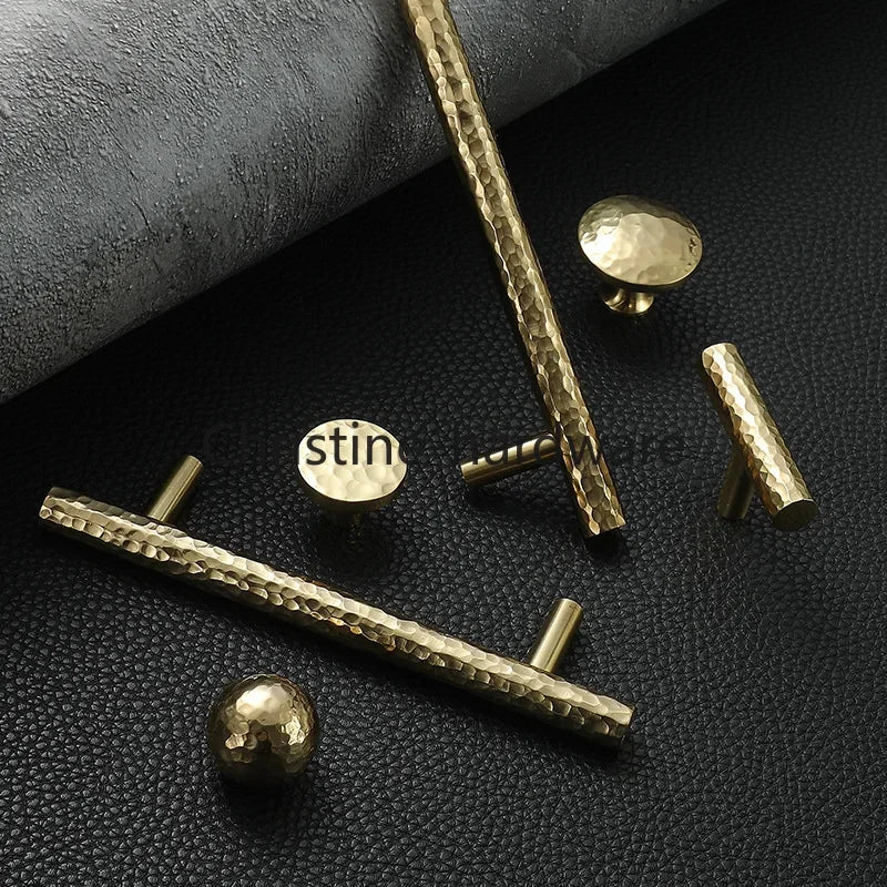 Brass Handle For Cabinet Hammered Golden Polished Gloss Drawer Kitchen Cupboard Furniture Modern Round Knobs
