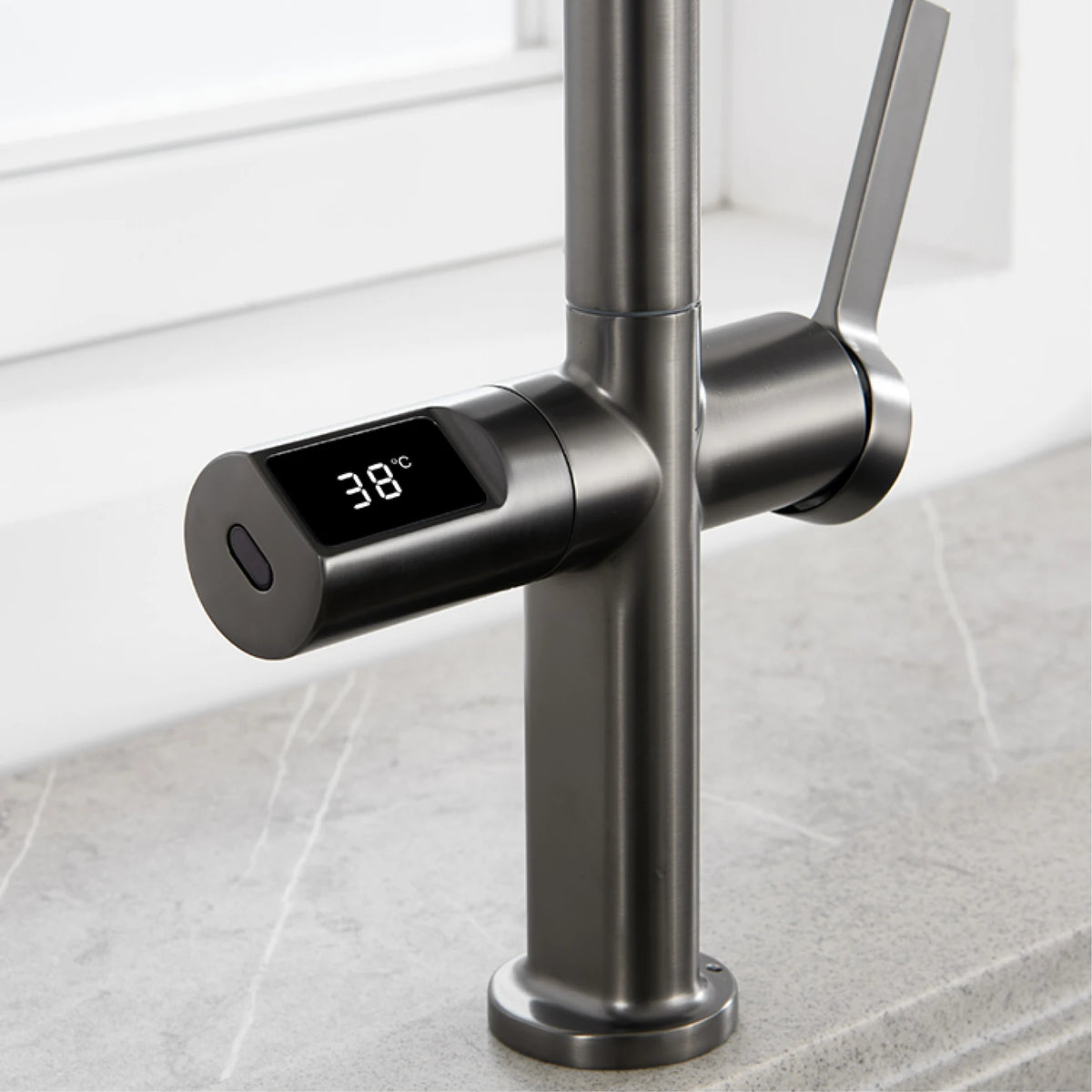 Luxury Brass Kitchen Tap – LED Digital, Gun Grey, Pull-Out, Hot & Cold