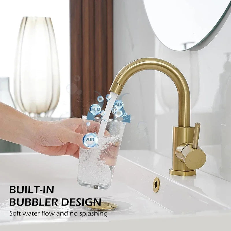 Gold faucet with built-in bubbler design in a bathroom setting