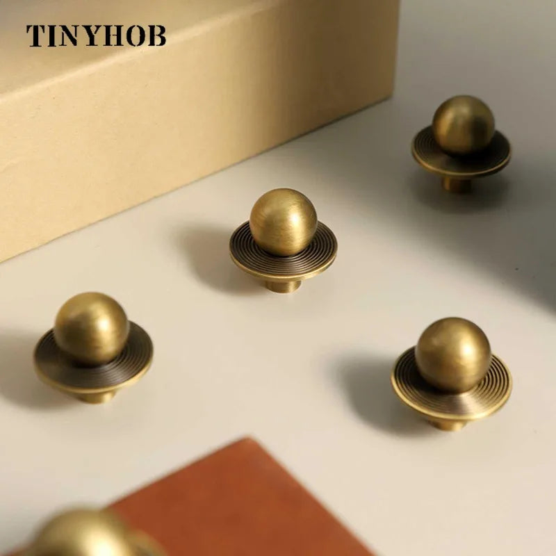 Tinyhob Antique Bronze Brass Round Cabinet Knobs with Base Retro Brass Single Hole Knob Kitchen Hardware for Cupboard Furniture