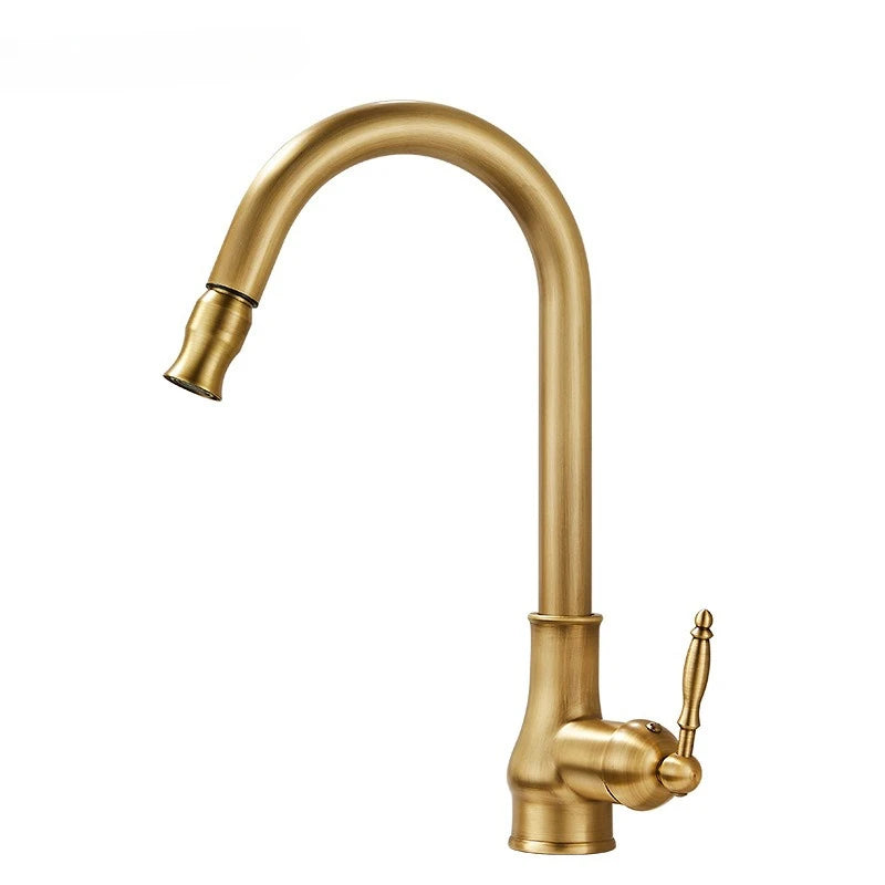 Antique Brass Pull-Out Kitchen Mixer Tap – Single Hole, Hot & Cold