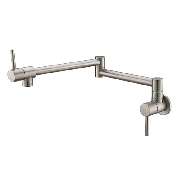 A modern wall-mounted kitchen faucet with a long adjustable gooseneck spout and a single cylindrical handle, shown on a plain white background. A yellow 'ROSA MALL' logo appears in the top-left corner.