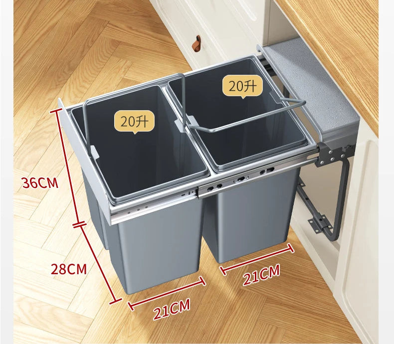 A pull-out double trash bin cabinet shown installed under a kitchen cabinet, with red dimension lines and text labels indicating 20L capacity and measurements of 36CM height, 28CM bin depth, and 21CM bin width. Chinese text appears at the top and bottom describing the 400 cabinet dual bin set.