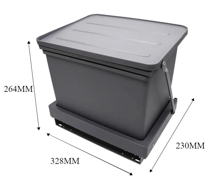 A dark gray plastic storage bin with a lid and base, shown with dimension arrows and labels indicating 264mm height, 328mm width, and 230mm depth on a white background.