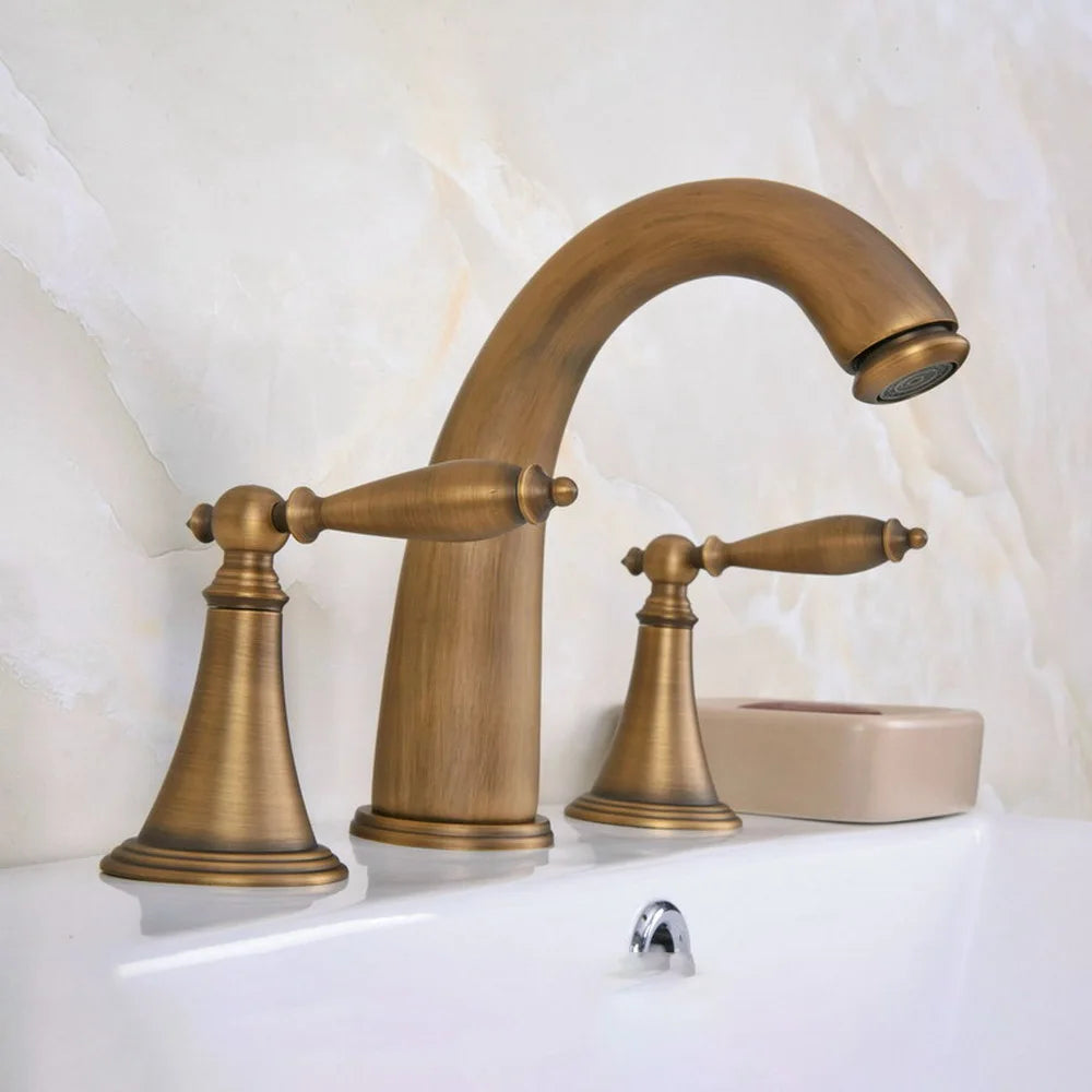Basin Faucets 3pcs Antique Brass Classic Bathroom Sink Faucet Double Handle 3 Hole Bathbasin Counter Mixer Taps Nan081