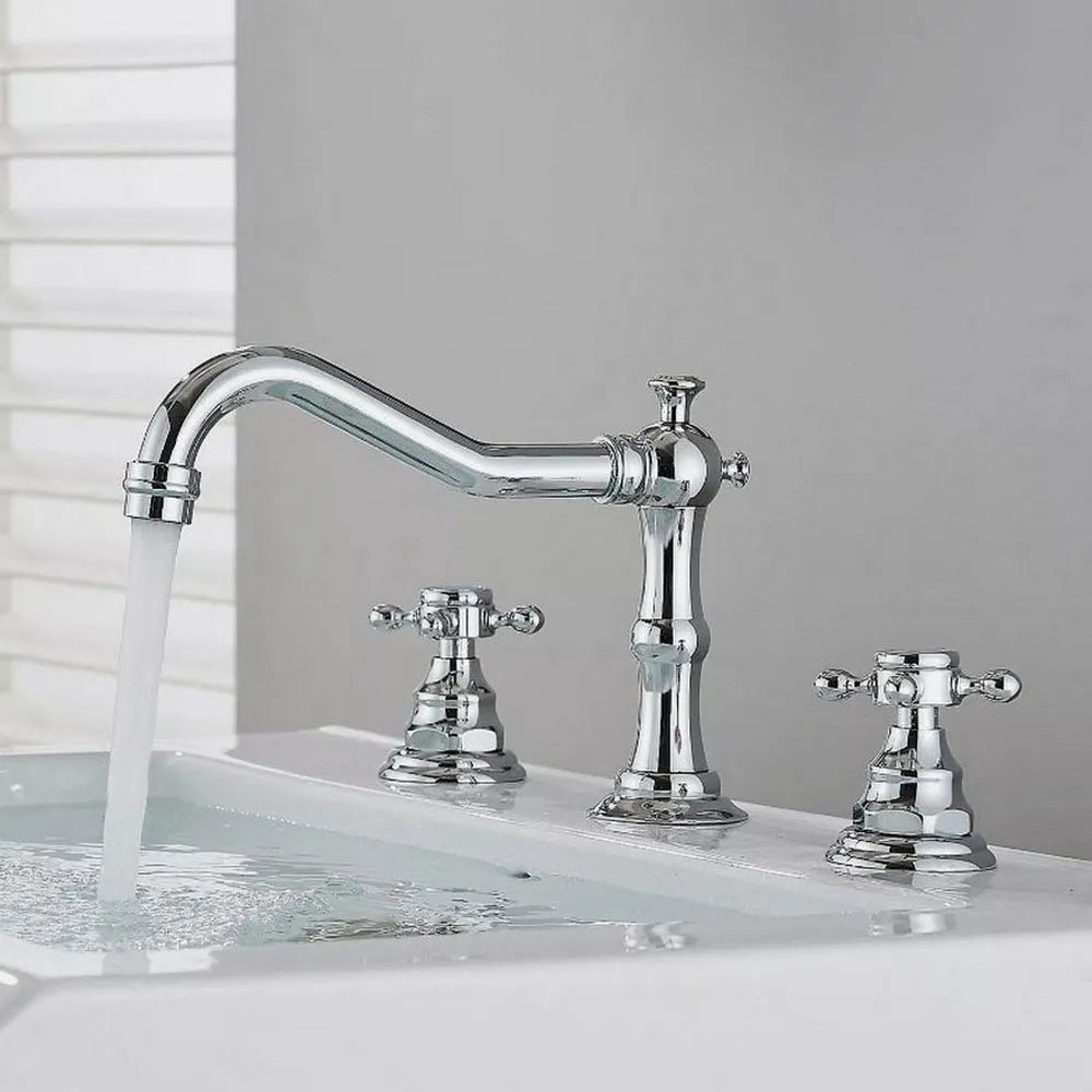 Brass Deck Mounted Dual Handles Widespread Bathroom 3 Holes Basin Faucet Mixer Water Taps mzh041