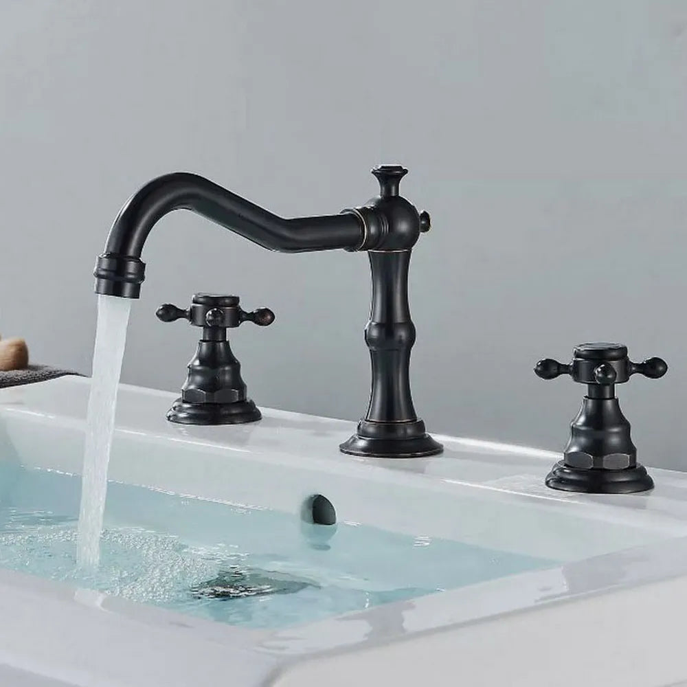 Brass Deck Mounted Dual Handles Widespread Bathroom 3 Holes Basin Faucet Mixer Water Taps mzh041