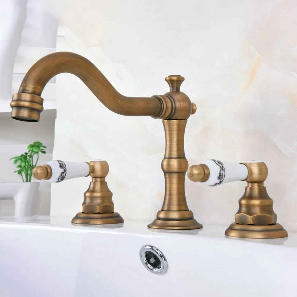Vintage Retro Antique Brass Deck Mounted Dual Handles Widespread Bathroom 3 Holes Basin Faucet Mixer Water Taps man072