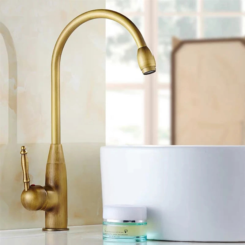 WZLY-Antique Copper Kitchen Faucets, Bathroom Wash-Basin Faucet, Deck Mounted, Cold and Hot Water Sink Mixer Taps, 360 Rotation