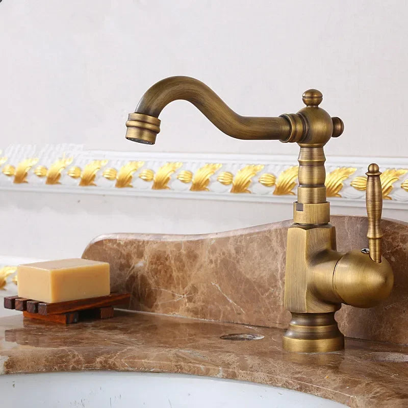 Antique Brass Bathroom Faucet Rotating Spout Basin Sink Mixer Tap Bathroom Kitchen Washing Faucet Washbasin Taps Mixers