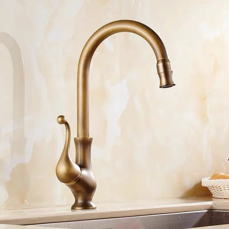 WZLY-Antique Copper Kitchen Faucets, Bathroom Wash-Basin Faucet, Deck Mounted, Cold and Hot Water Sink Mixer Taps, 360 Rotation