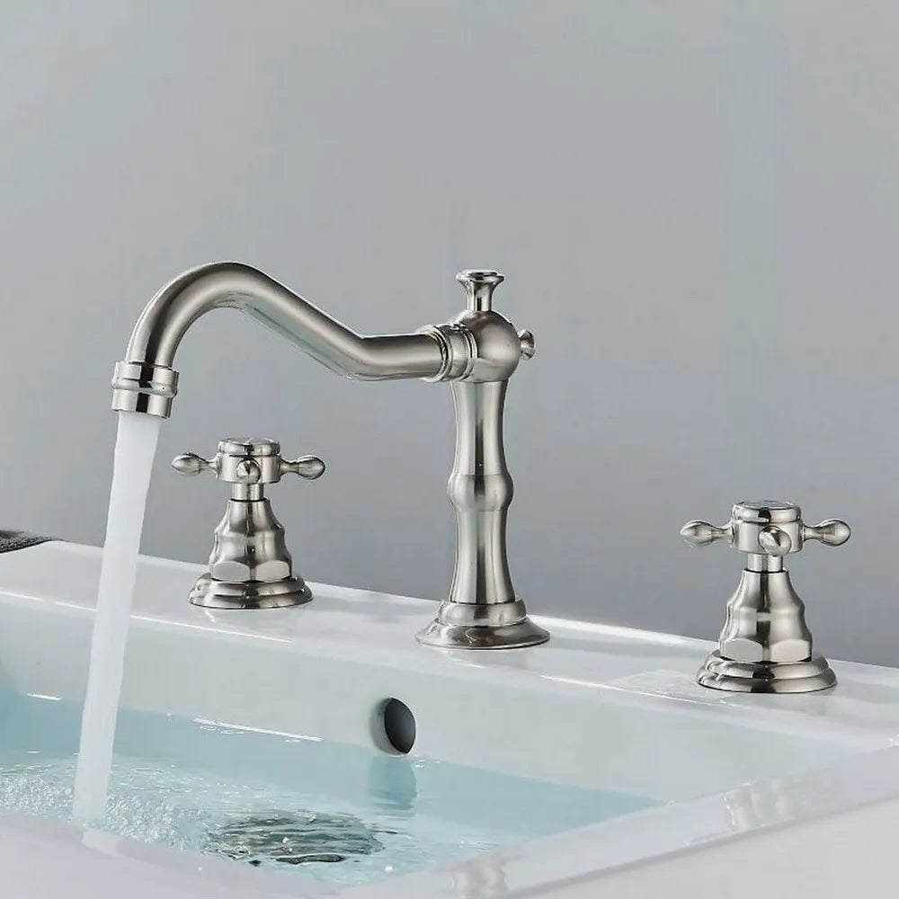 Brass Deck Mounted Dual Handles Widespread Bathroom 3 Holes Basin Faucet Mixer Water Taps mzh041