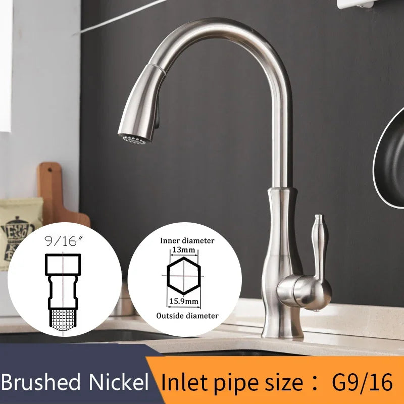 Kitchen Faucet Silver Single handle Pull-out single-hole handle Rotate 360 Water mixer faucet Mixed water tap
