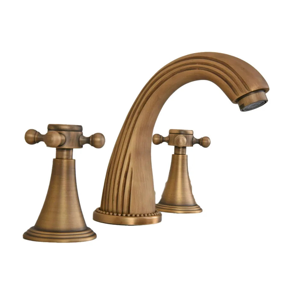 Vintage Retro Antique Brass Deck Mounted Dual Handles Widespread Bathroom 3 Holes Basin Faucet Mixer Water Taps man089