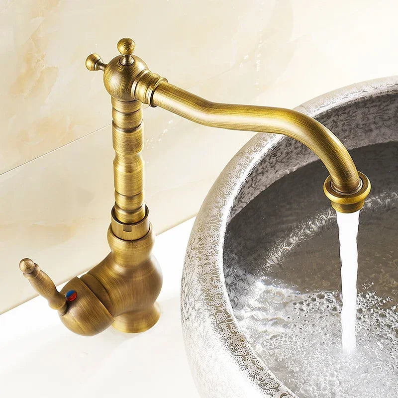 Antique Brass Bathroom Faucet Rotating Spout Basin Sink Mixer Tap Bathroom Kitchen Washing Faucet Washbasin Taps Mixers