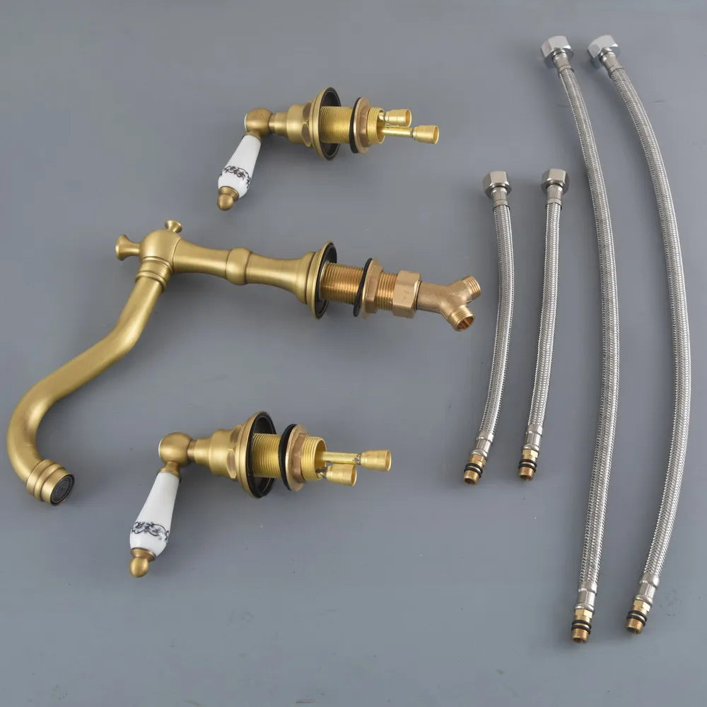 Vintage Retro Antique Brass Deck Mounted Dual Handles Widespread Bathroom 3 Holes Basin Faucet Mixer Water Taps man072