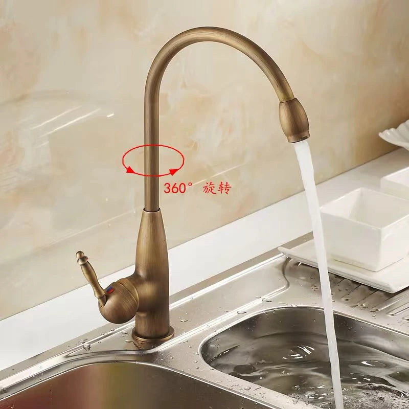 WZLY-Antique Copper Kitchen Faucets, Bathroom Wash-Basin Faucet, Deck Mounted, Cold and Hot Water Sink Mixer Taps, 360 Rotation